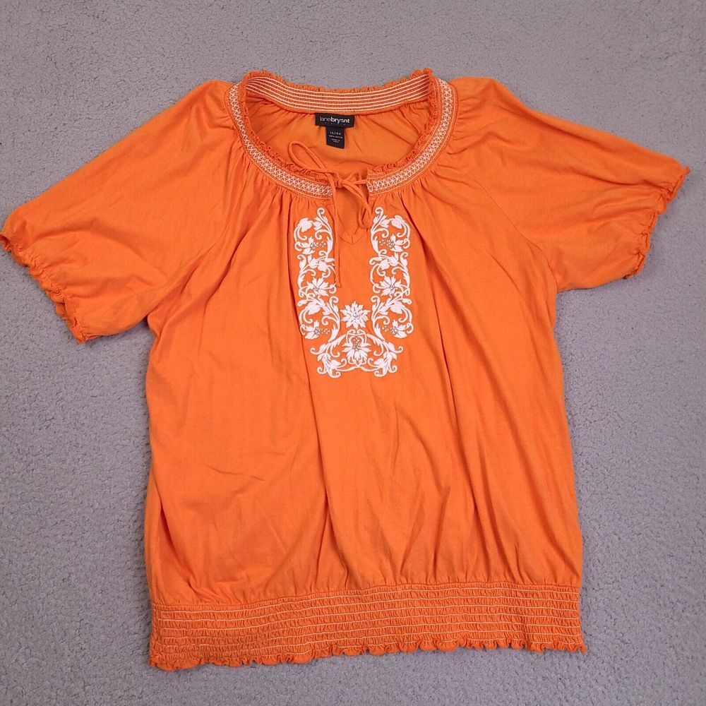 Lane Bryant Womens 14 / 16 Orange Embroidered Rhinestone Top Blouse Shirt Boho
